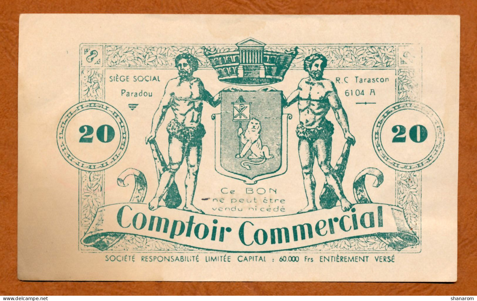 BON COMMERCIAL // BOUCHES DU RHÔNE // COMPTOIR COMMERCIAL // Bon De Vingt Francs - Bonds & Basic Needs