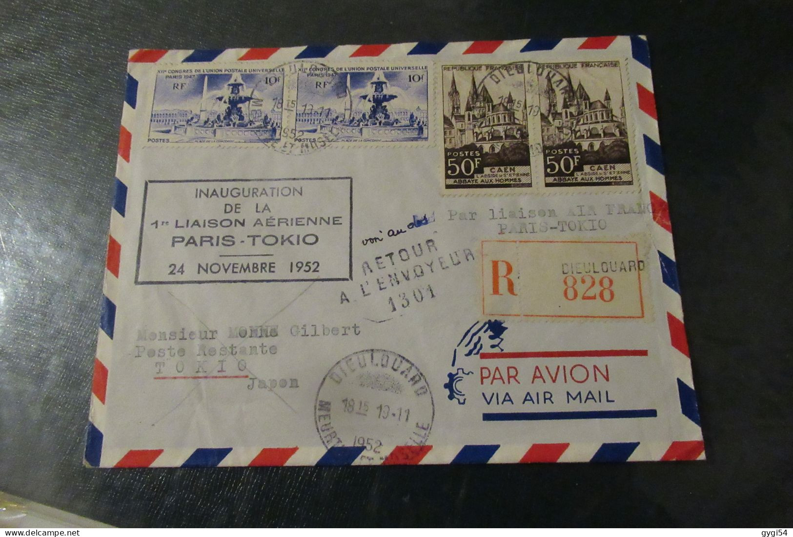 INAUGURATION DE LA LIAISON  AERIENNE  PARIS TOKYO LETTRE R 24 11 1952 - First Flight Covers