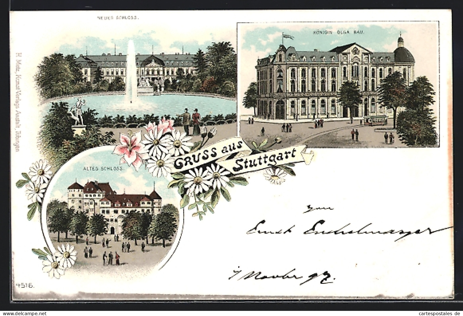 Lithographie Stuttgart, Neues Schloss, Altes Schloss Und Königin Olga Bau  - Stuttgart