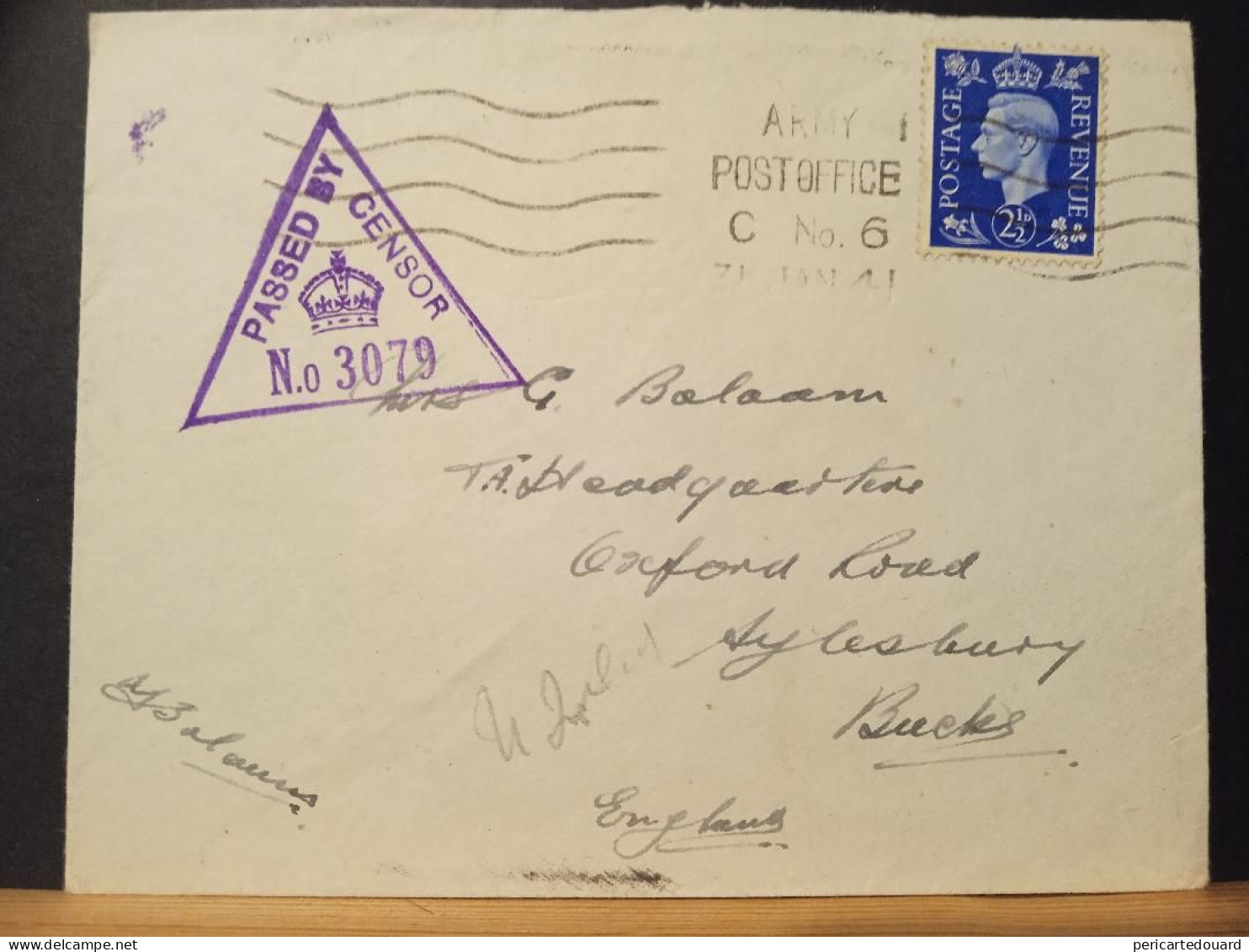GB, Passed By Censor 3079, Army Post Office Le 31 Janvier 1941 - Brieven En Documenten