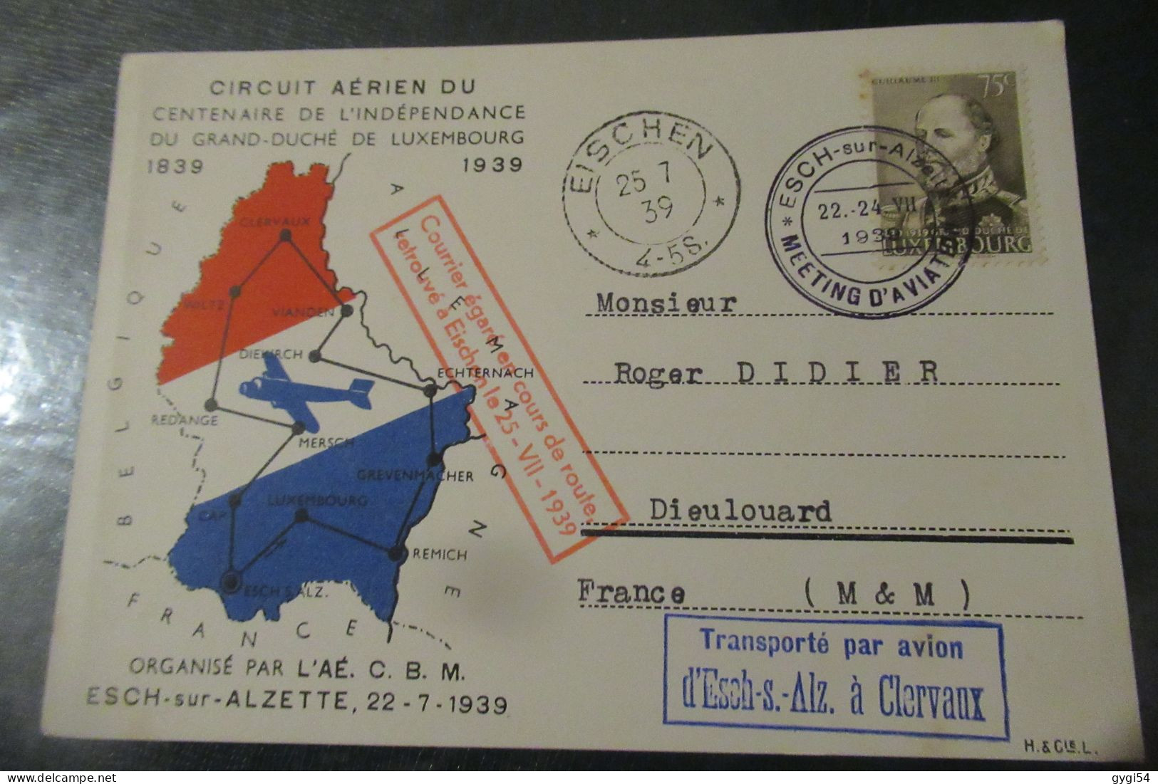 Luxembourg - Circuit Aérien Du Centenaire De L'indépendance Du Grand Duché De Luxembourg - 1939 - Covers & Documents