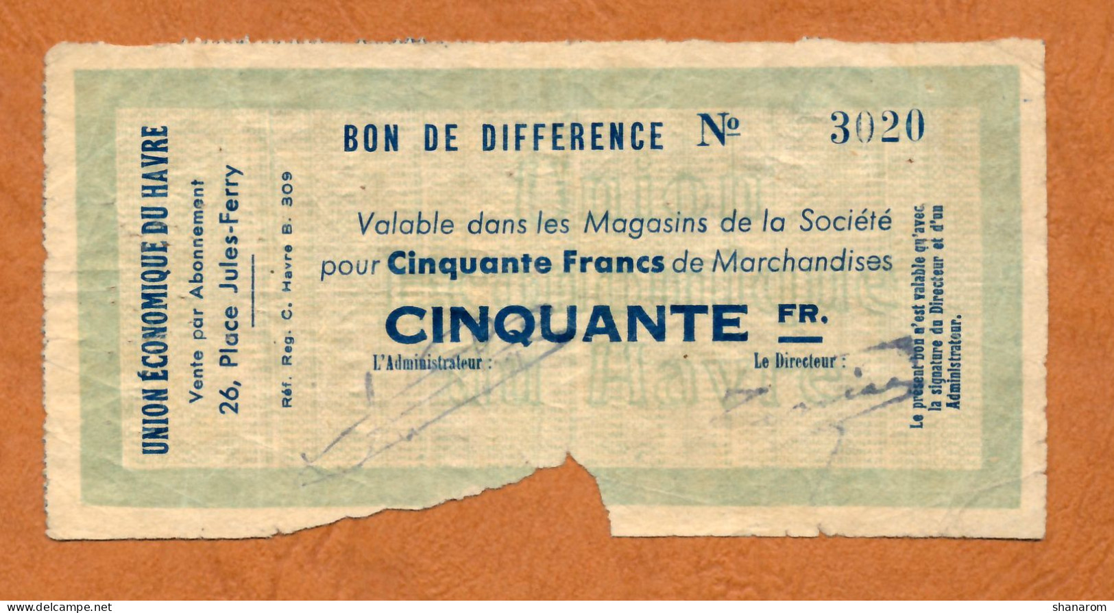 BON COMMERCIAL // LE HAVRE (Seine-Maritime 76) // UNION ECONOMIQUE // Bon De Différence De Cinquante Francs - Bons & Nécessité