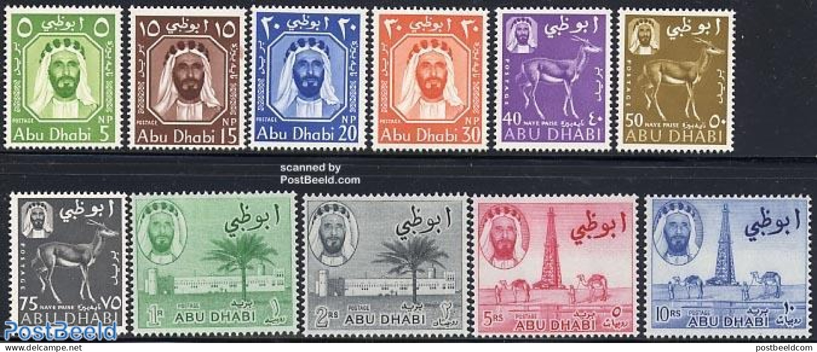 Abu Dhabi 1964 Definitives 11v, Unused (hinged), Nature - Science - Animals (others & Mixed) - Camels - Mining - Abu Dhabi