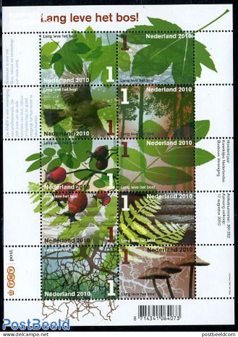 Netherlands 2010 Long Live The Forest 10v M/s, Mint NH, Nature - Birds - Mushrooms - Trees & Forests - Nuovi