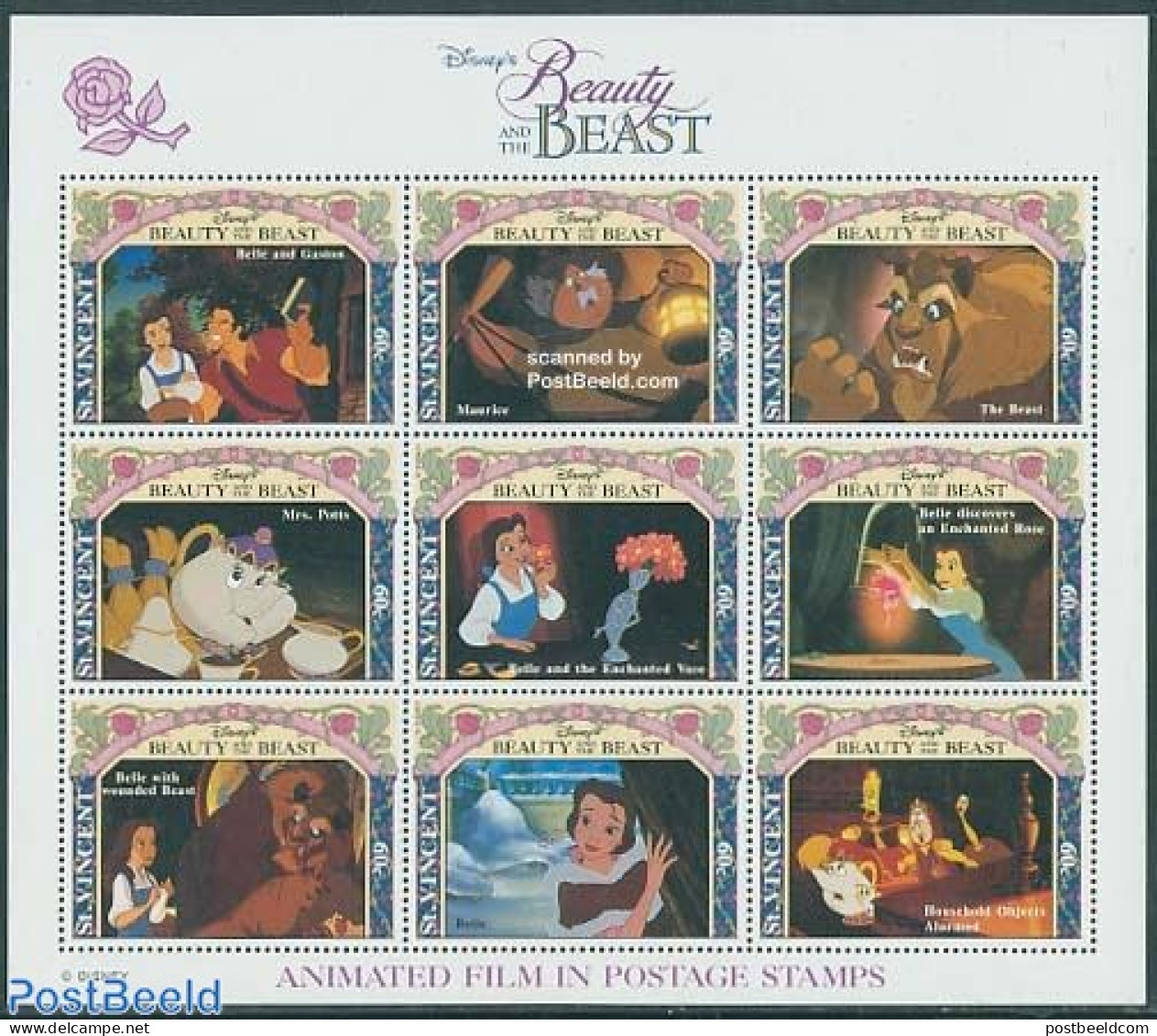 Saint Vincent 1992 Beauty And The Beast 9v M/s, Mint NH, Art - Disney - Disney