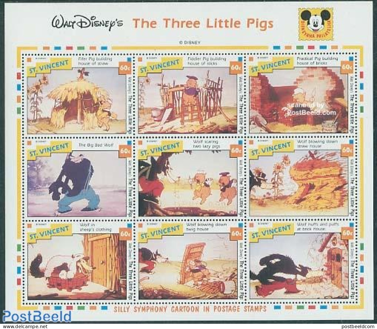 Saint Vincent 1992 The Three Little Pigs 9v M/s, Mint NH, Art - Disney - Disney