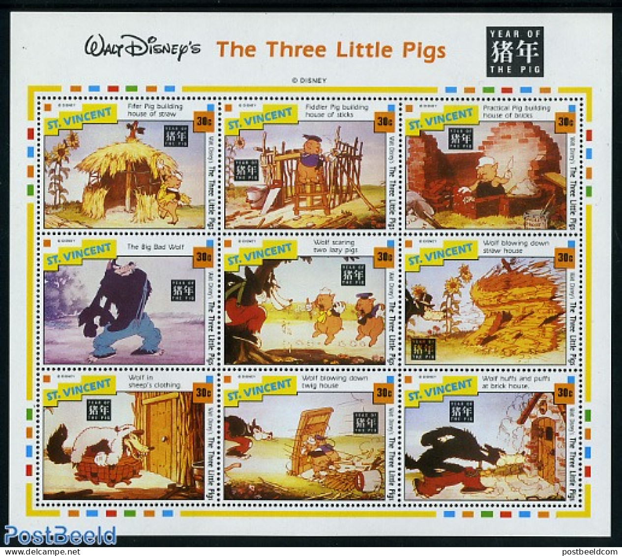 Saint Vincent 1995 Year Of The Pig, Disney 9v M/s, Mint NH, Various - New Year - Art - Disney - Neujahr