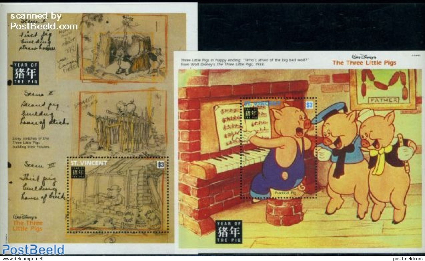 Saint Vincent 1995 Year Of The Pig, Disney 2 S/s, Mint NH, Performance Art - Various - Music - New Year - Art - Disney - Music