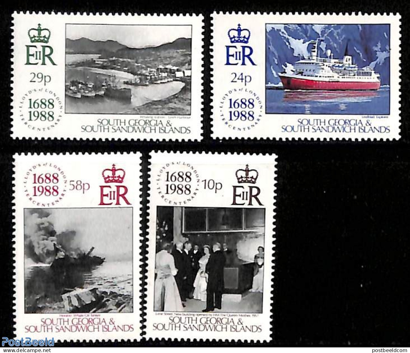 South Georgia / Falklands Dep. 1988 300 Years Lloyds 4v, Mint NH, Transport - Ships And Boats - Ships
