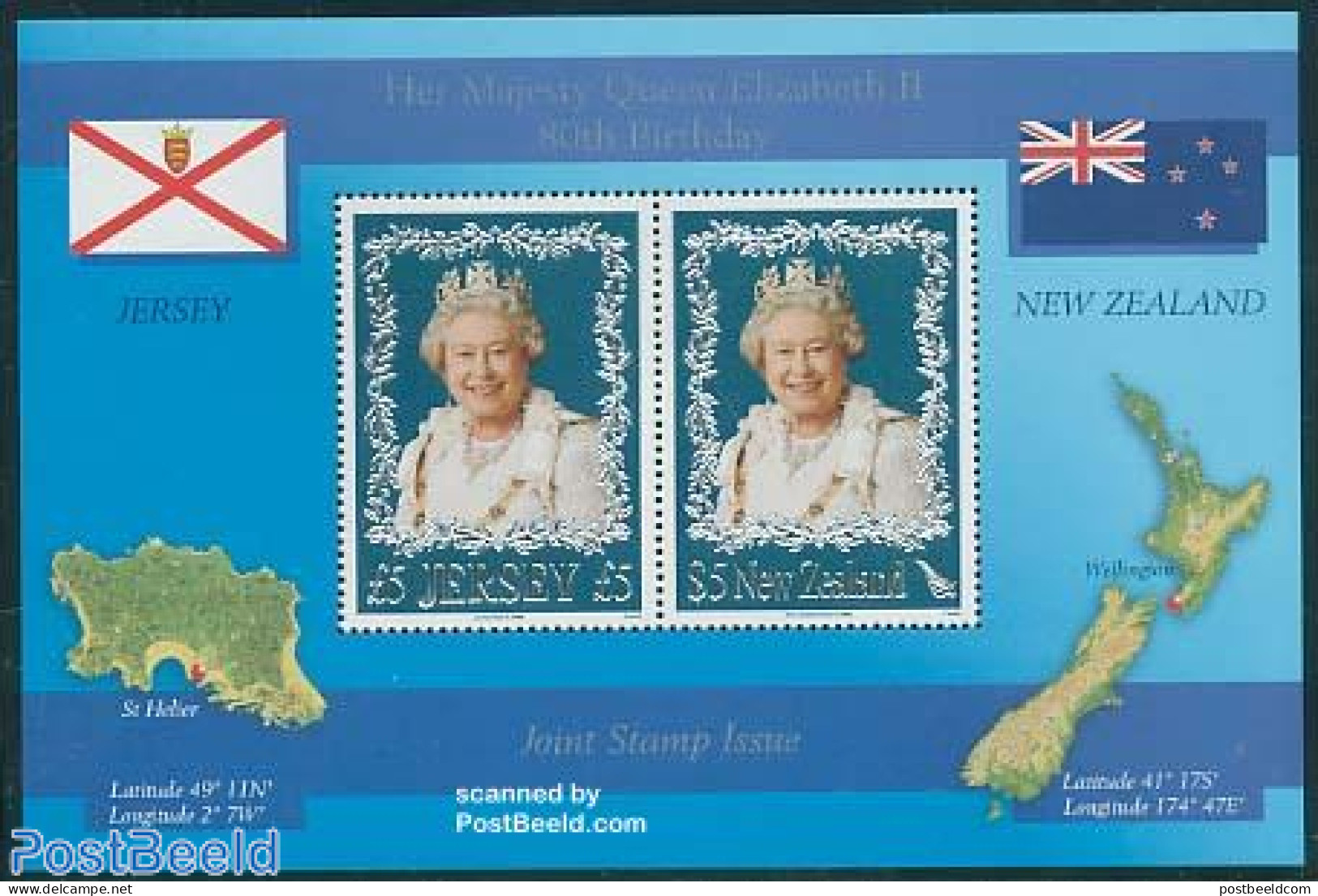 Jersey 2006 Elizabeth II 80th Birthday S/s, Joint Issue N.Z., Mint NH, History - Various - Flags - Kings & Queens (Roy.. - Familles Royales