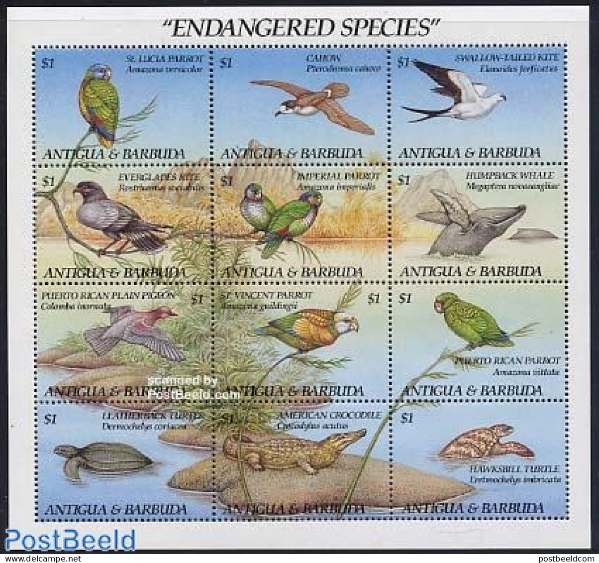 Antigua & Barbuda 1993 Endangered Animals 12v M/s, Mint NH, Nature - Animals (others & Mixed) - Birds - Crocodiles - R.. - Antigua Et Barbuda (1981-...)