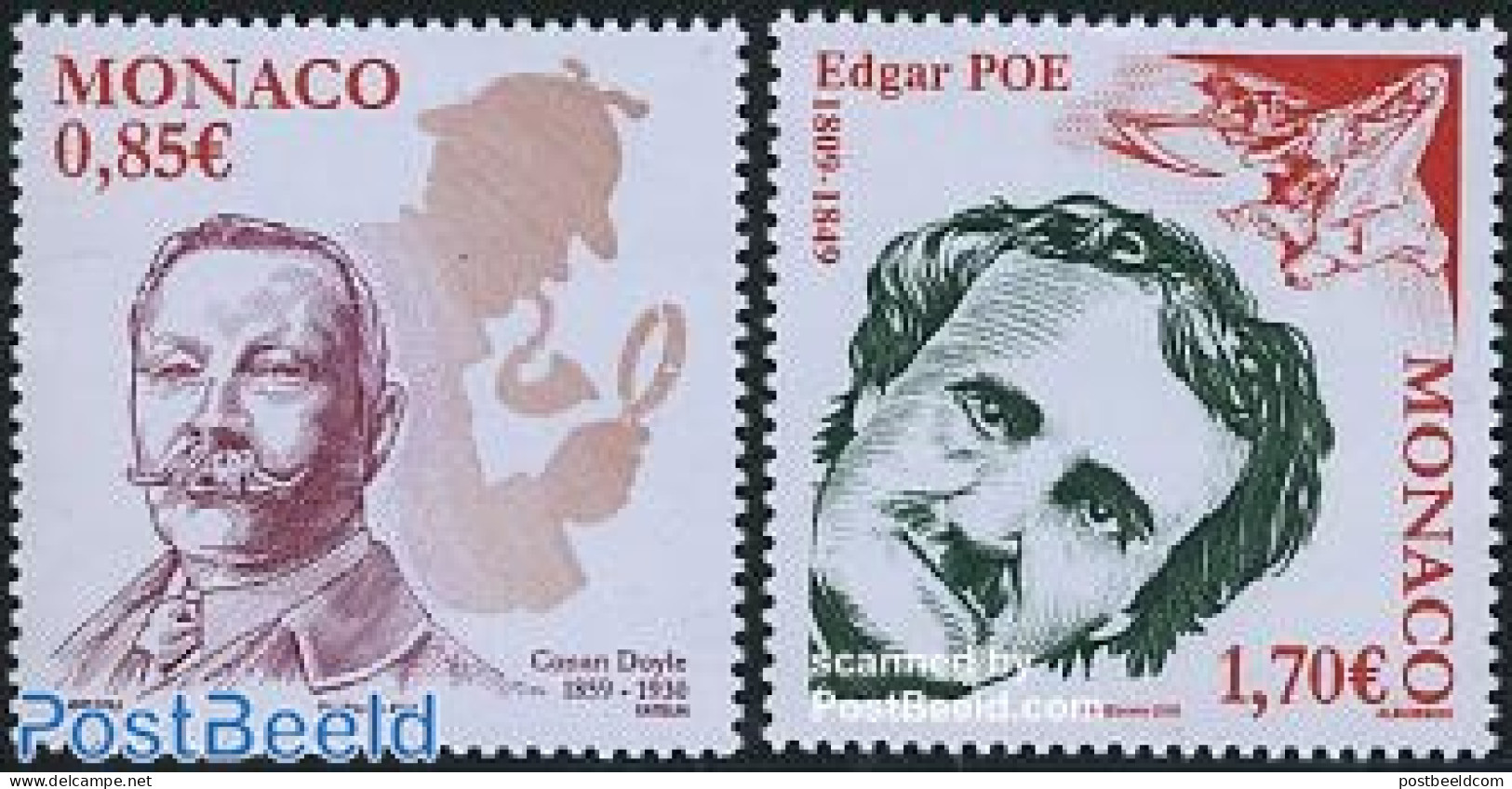 Monaco 2009 Arthur Conan Doyle, Edgar Allen Poe 2v, Mint NH, Art - Authors - Unused Stamps