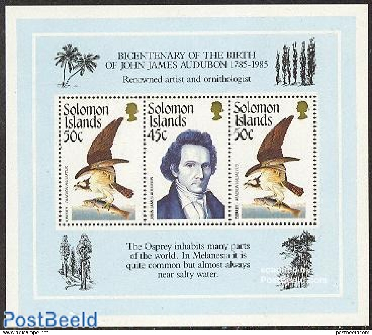 Solomon Islands 1985 J.J. Audubon S/s, Mint NH, Nature - Birds - Salomoninseln (Salomonen 1978-...)