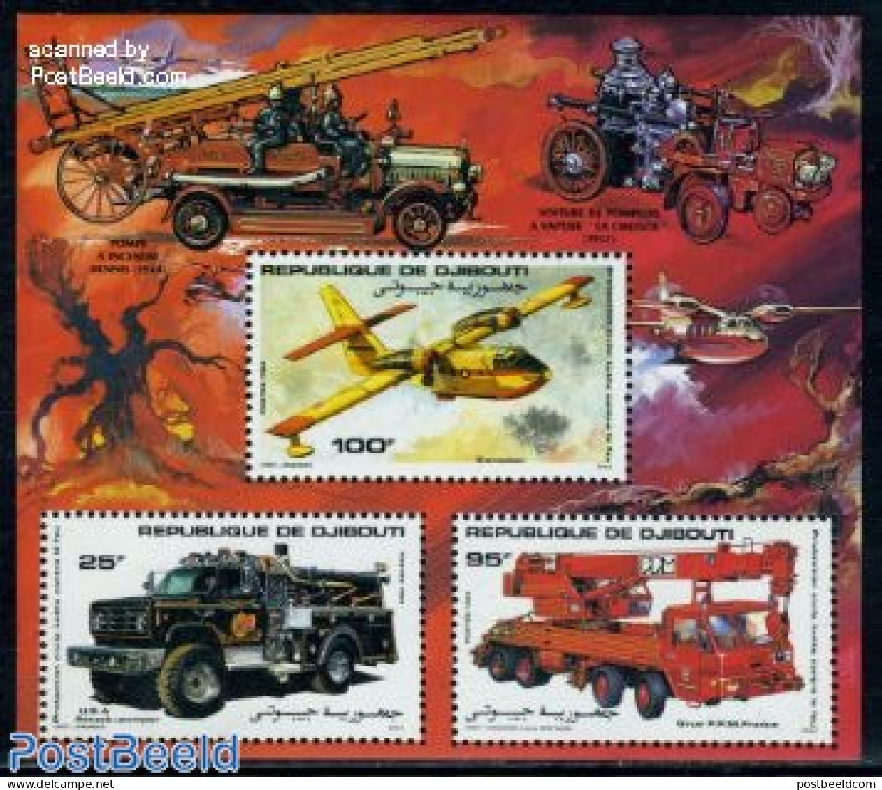 Djibouti 1984 Fire Corps S/s, Mint NH, Transport - Automobiles - Fire Fighters & Prevention - Aircraft & Aviation - Auto's