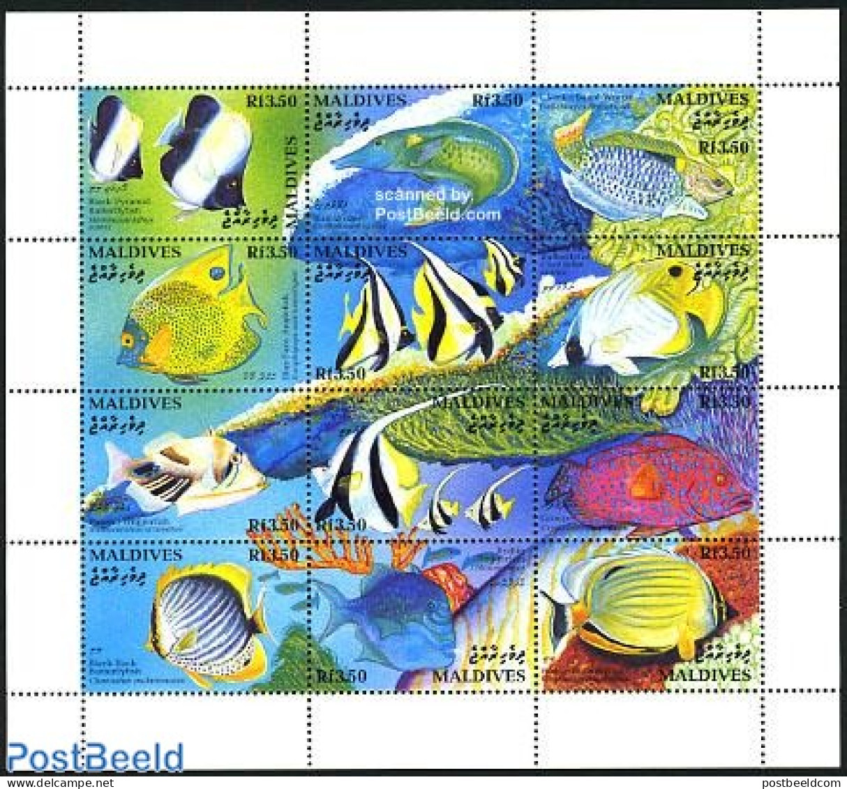 Maldives 1993 Fish 12v M/s, Hemitaurichthys Zoster, Mint NH, Nature - Fish - Fische