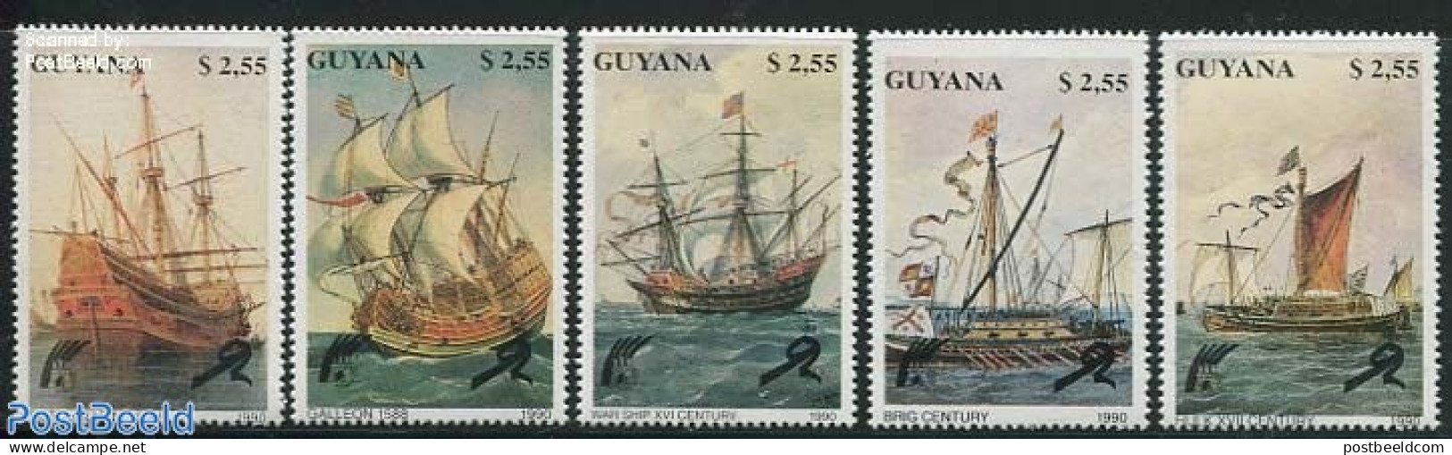 Guyana 1990 Ships 5v, Mint NH, History - Transport - Netherlands & Dutch - Ships And Boats - Géographie