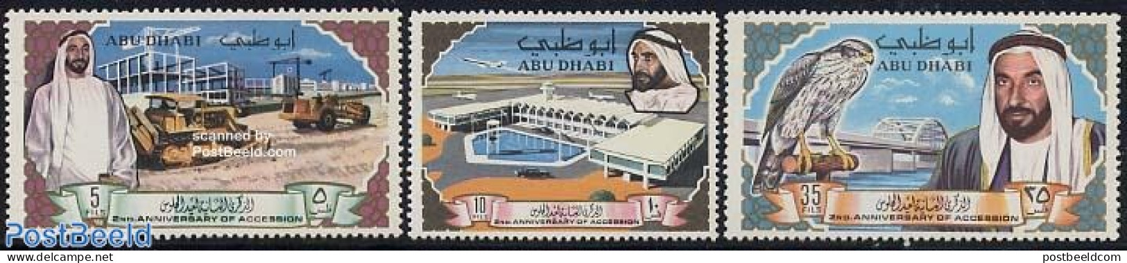 Abu Dhabi 1968 Development 3v, Mint NH, Nature - Transport - Birds - Birds Of Prey - Automobiles - Aircraft & Aviation.. - Auto's