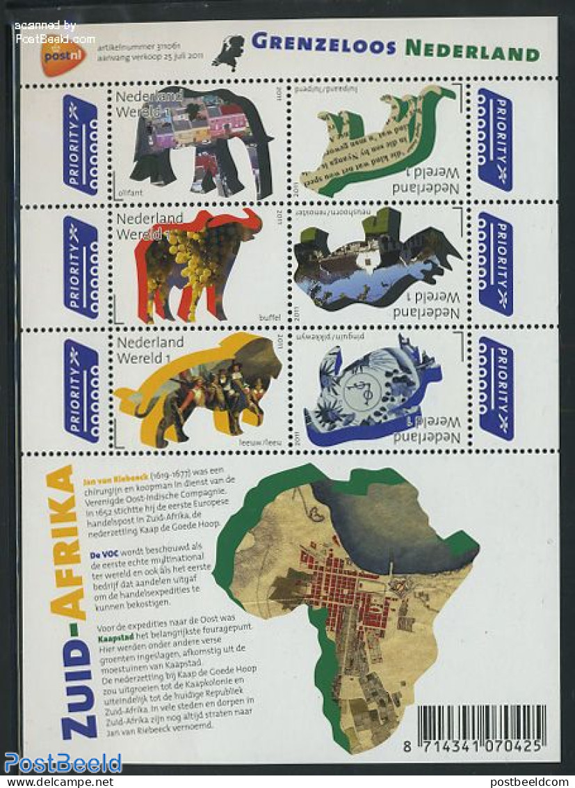 Netherlands 2011 Borderless Netherlands-South Africa 6v M/s (map), Mint NH, Nature - Elephants - Rhinoceros - Wine & W.. - Neufs