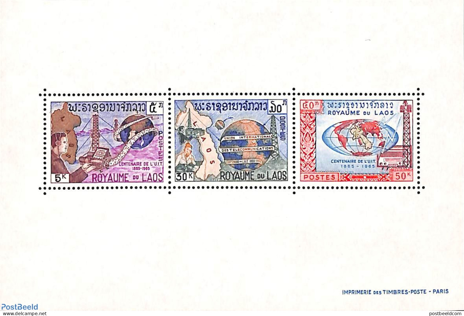 Laos 1965 I.T.U. S/s, Mint NH, Science - Transport - Various - Telecommunication - Space Exploration - I.T.U. - Maps - Telekom