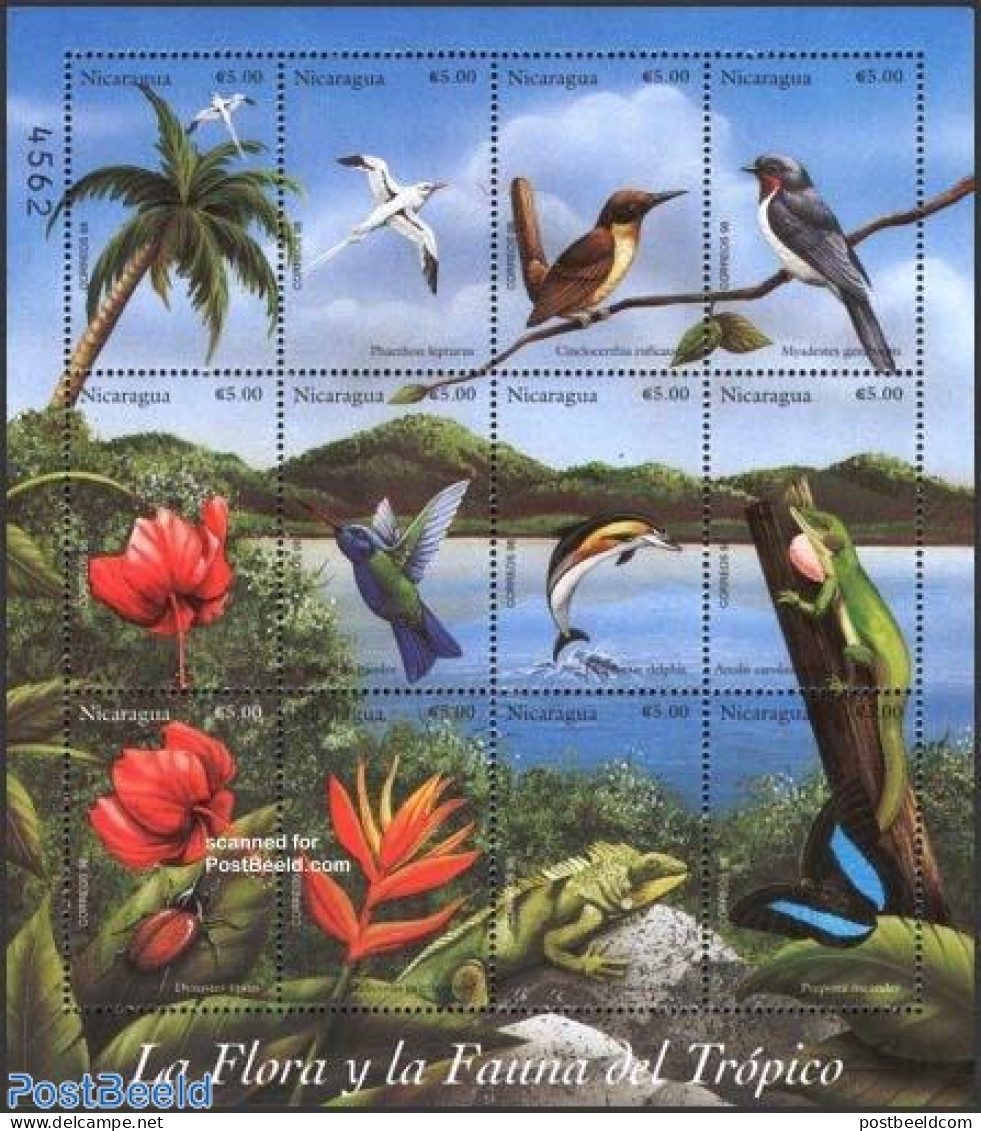 Nicaragua 1999 Tropical Fauna & Flora 12v M/s, Mint NH, Nature - Animals (others & Mixed) - Birds - Flowers & Plants -.. - Nicaragua