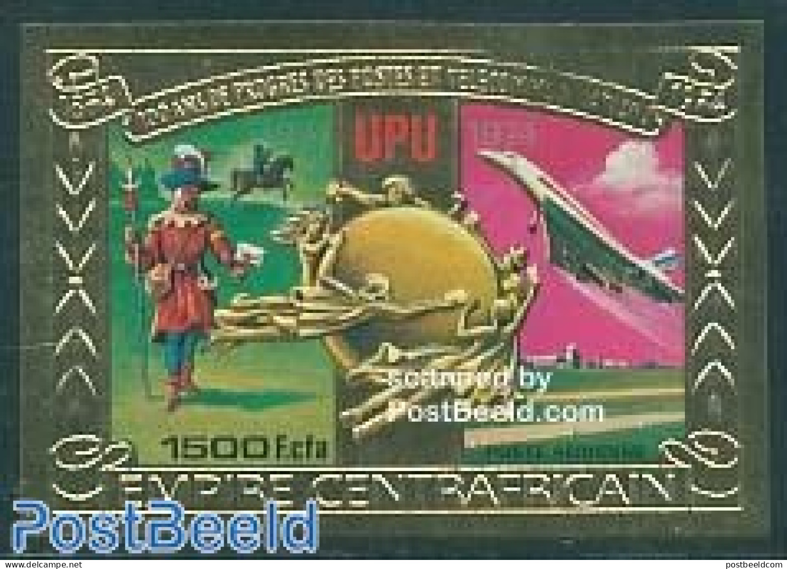 Central Africa 1978 UPU Centenary 1v, Gold, Imperforated, Mint NH, Transport - Zentralafrik. Republik
