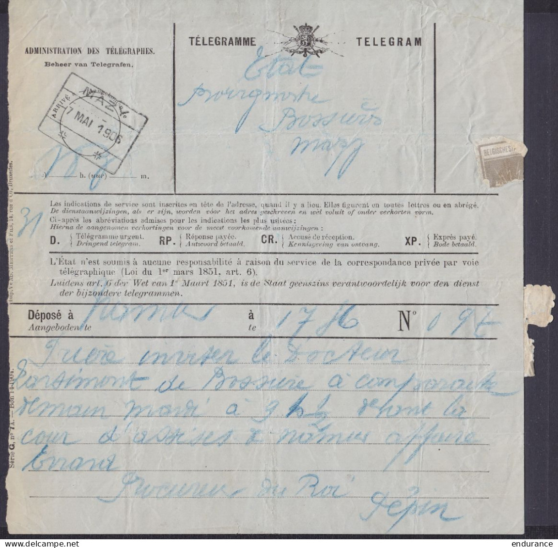 Télégramme Déposé à Namur - Càd Bureau D'arrivée [MAZY /-7 MAI 1906] - Telegramme