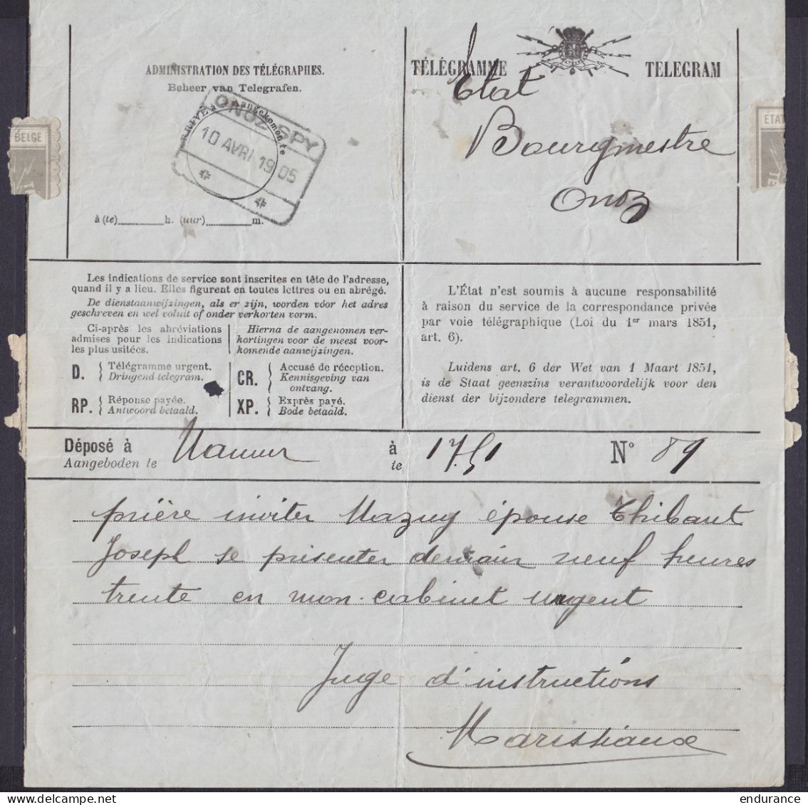Télégramme Déposé à Namur - Càd Bureau D'arrivée [ONOZ-SPY /10 AVRIL 1905] - Telegrammi
