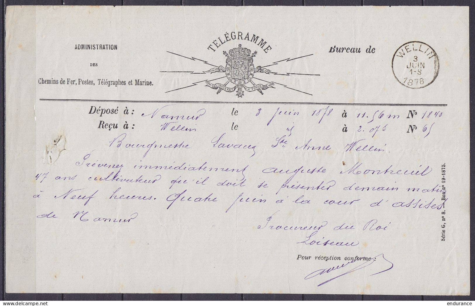 Télégramme Déposé à Namur - Càd Bureau D'arrivée WELLIN /3 JUIN 1878 - Telegrammi