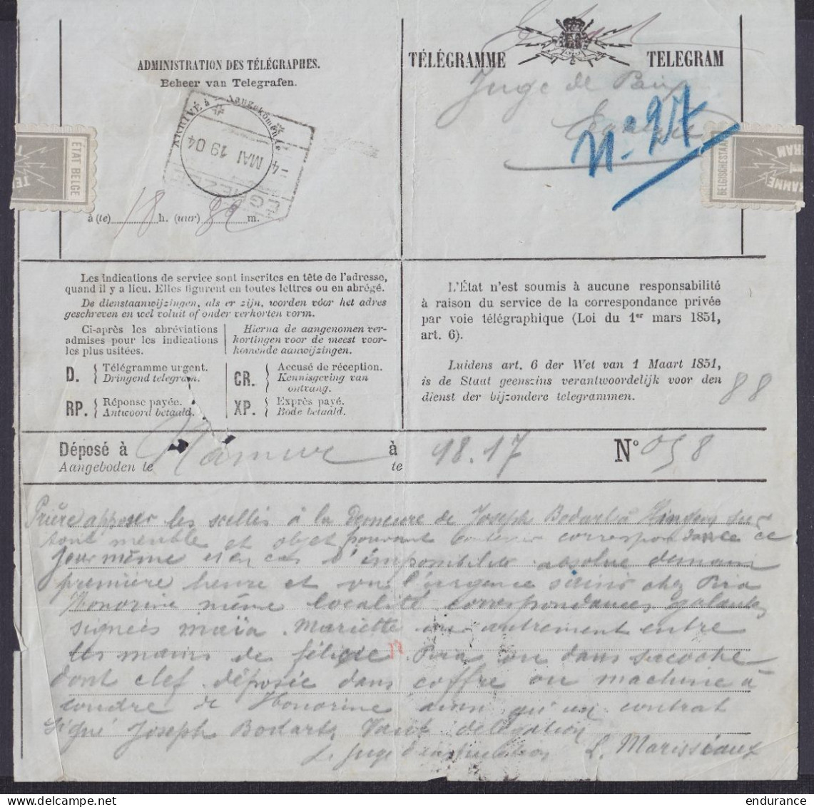 Télégramme Déposé à Namur - Càd Bureau D'arrivée [EGHEZEE /-4 MAI 1904] - Télégrammes