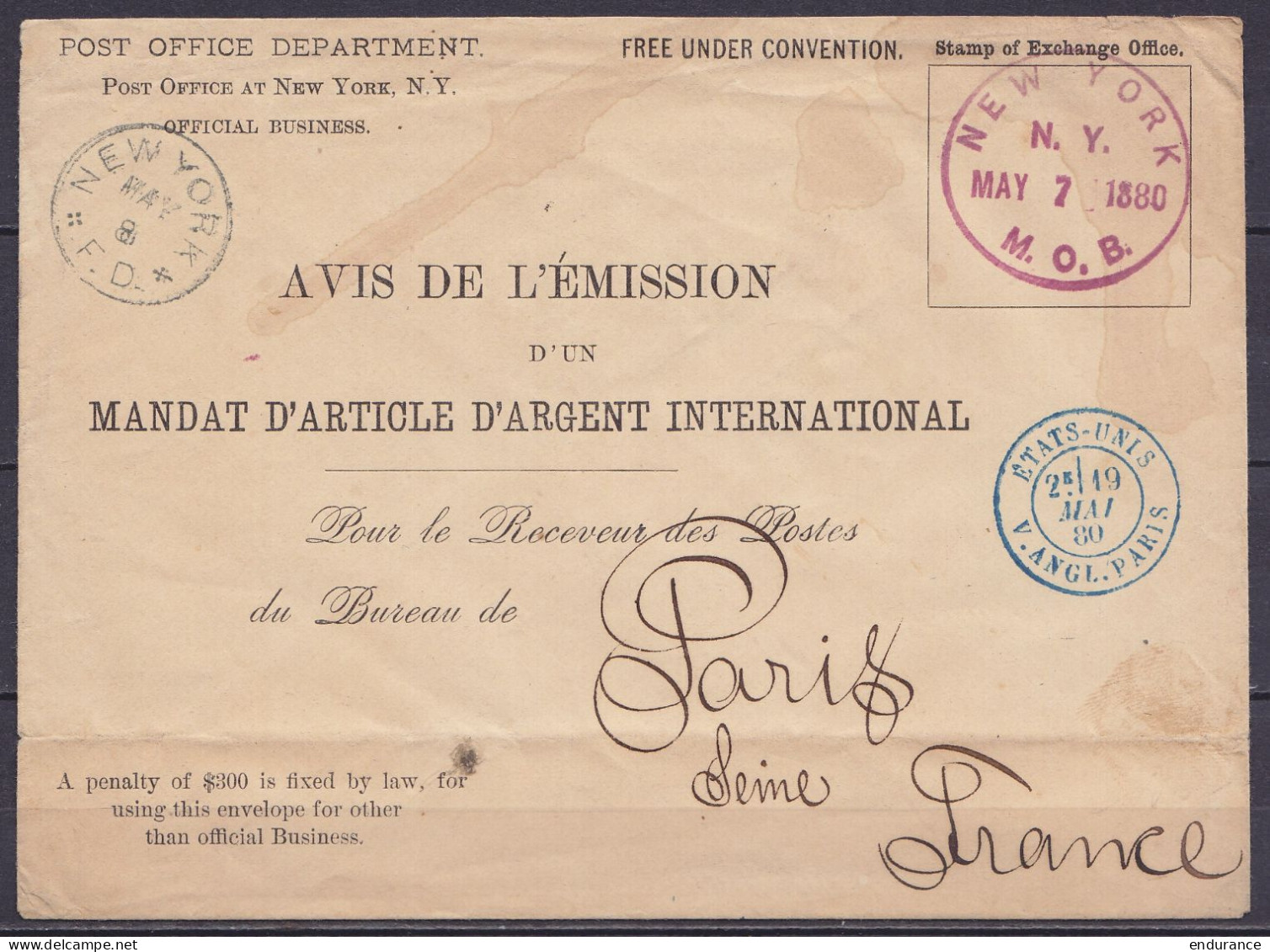 USA - Env. 'Post Office Department' (avis D'émission D'un Mandat) Càd NEW YORK /MAY 7 1880 Pour PARIS France - Càd "NEW  - Brieven En Documenten