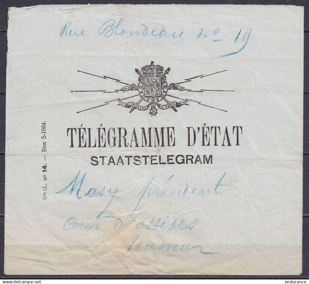 Env. "Télégrame D'Etat / Staatstelegram" Pour NAMUR (au Dos: Càd Octogon. NAMUR /19 DECE 1905) - Sellos Telégrafos [TG]