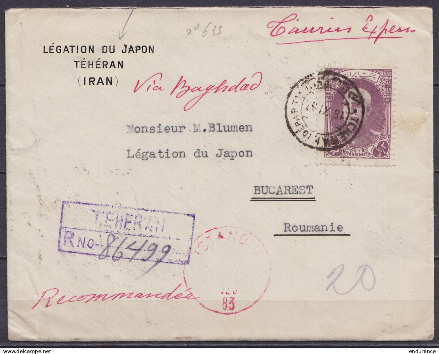 Iran - Env. 'Légation Du Japon' Recommandée En Exprès Affr. 3R Càd TEHERAN (Départ) /18 XI 1937 Pour Légation Du Japon à - Irán