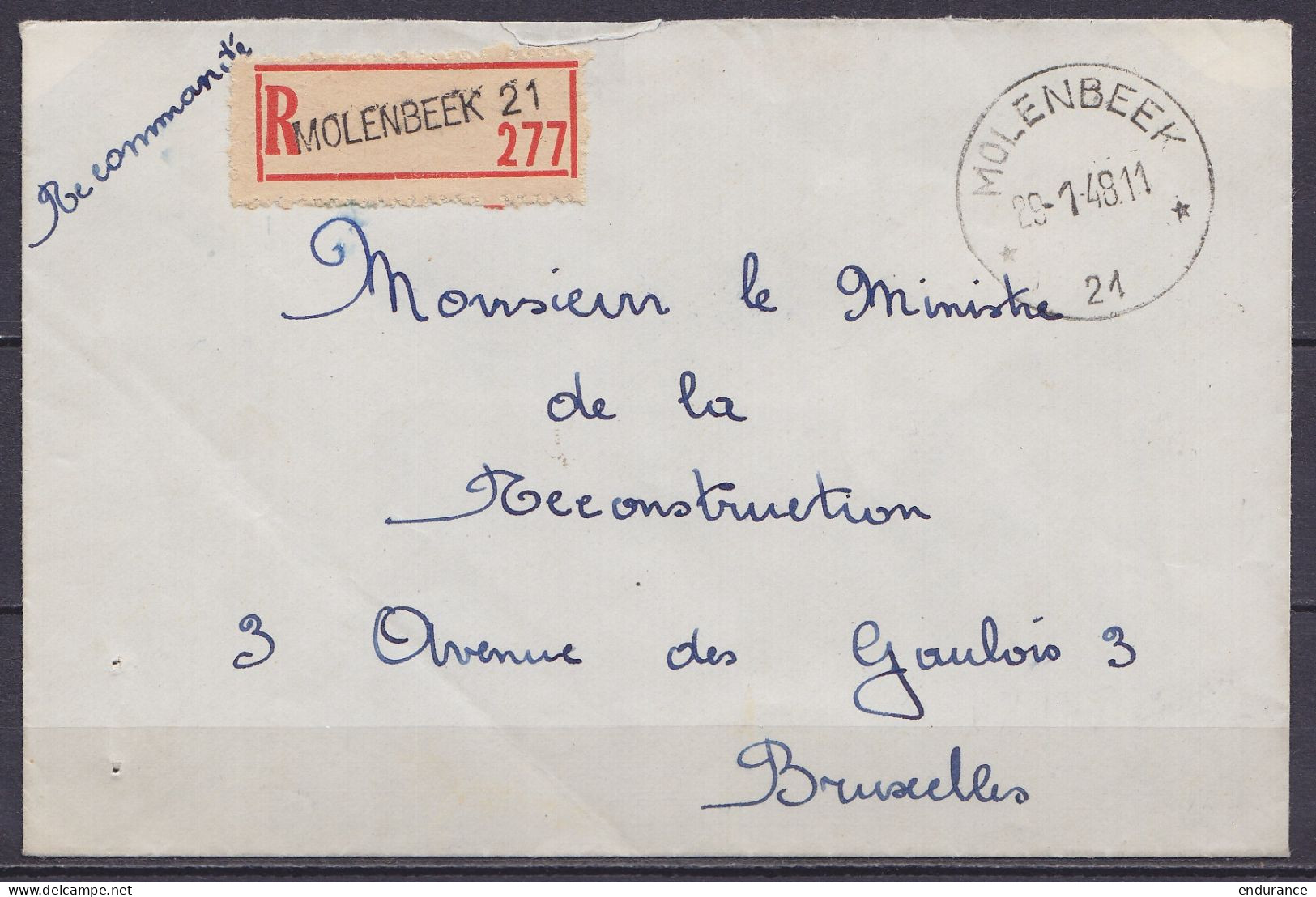 Env. Recommandée En Franchise (pour Ministre) Càd Agence MOLENBEEK *21* /29-1-1948 Pour BRUXELLES - Storia Postale