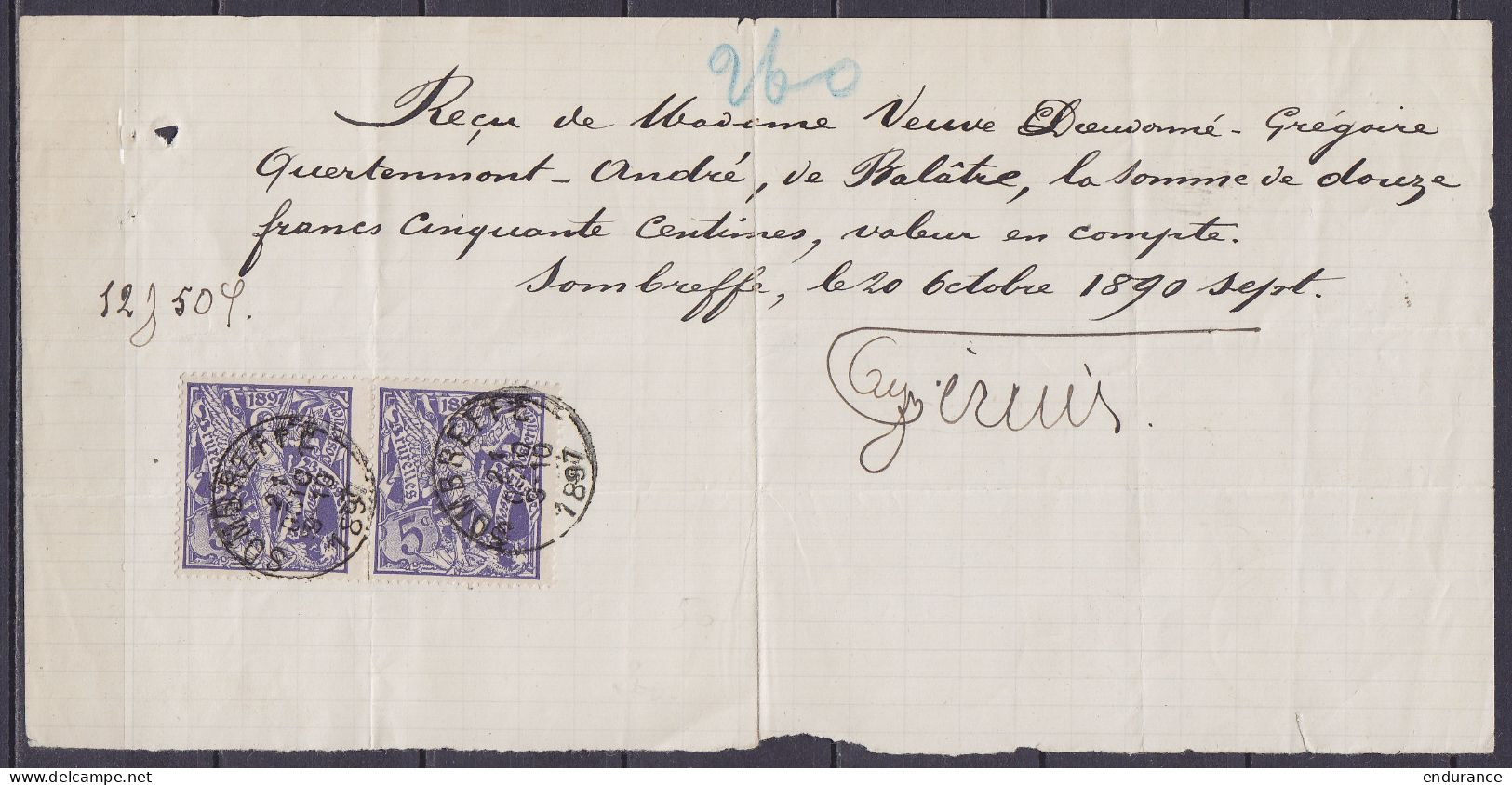 Reçu Affr. Paire N°71 Càd SOMBREFFE /21 OCTO 1897 Pour BALÂTRE (au Dos: Càd MAZY) - 1894-1896 Expositions