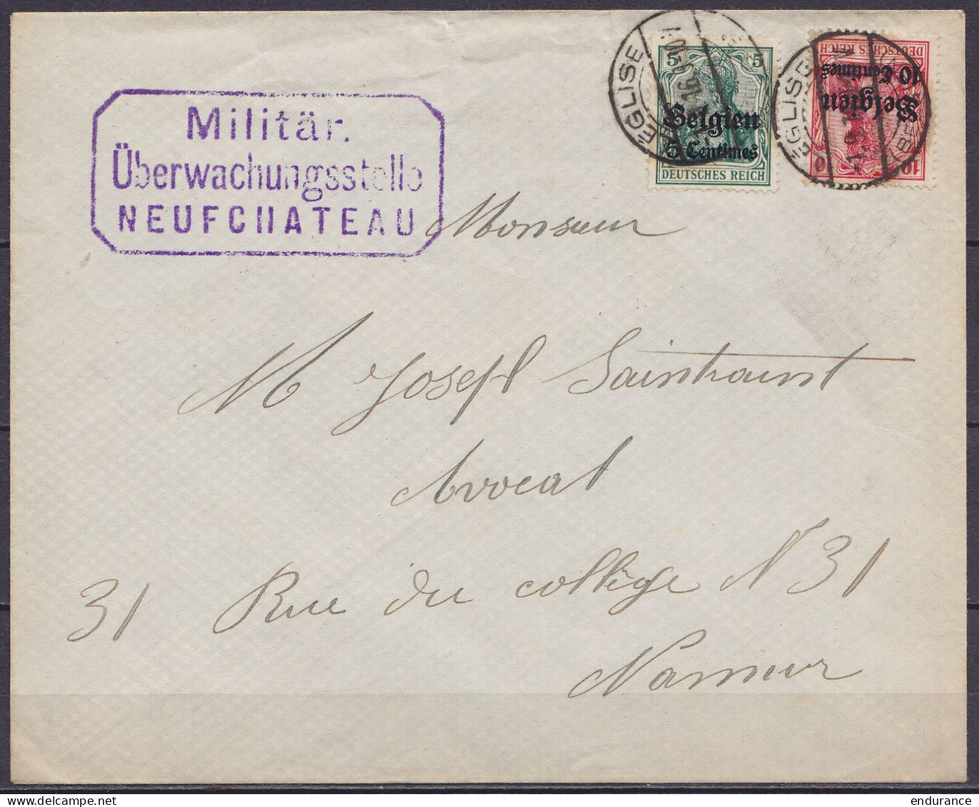 Env. Affr. OC2+OC3 Càpt LEGLISE /-1.9.1916 Pour NAMUR - Cachet Censure [Militär. Überwachungsstelle NEUFCHATEAU] - OC1/25 Governo Generale