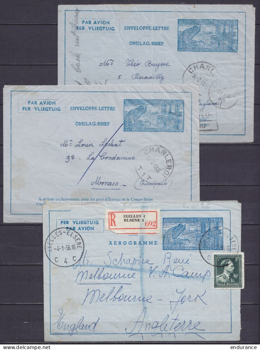 Lot De 9 Aérogrammes / Enveloppes-lettres Oblit. CHARLEROI, BRUXELLES, IXELLES Pour Destination Diverses Monaco, Suisse, - Other & Unclassified