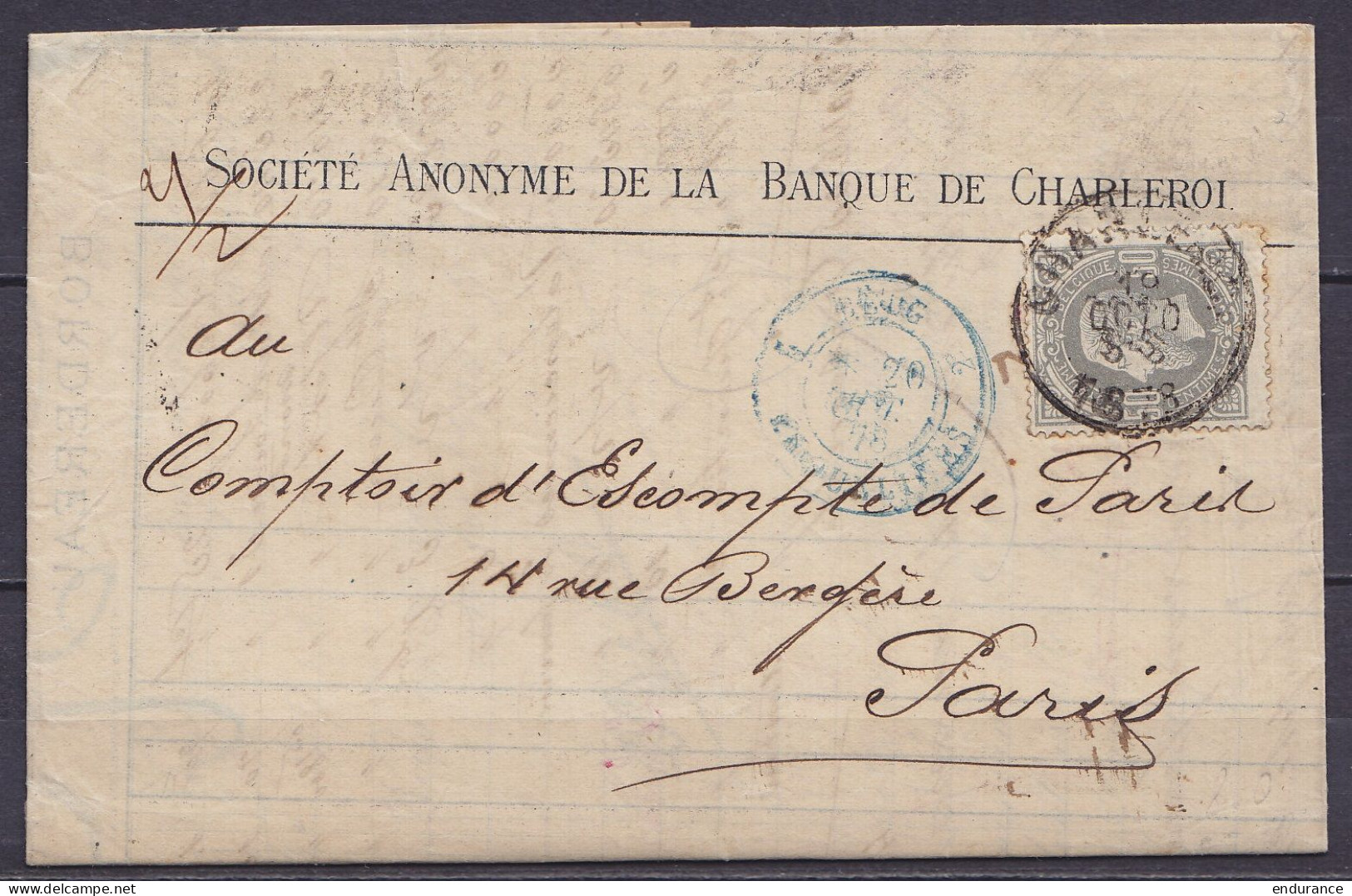 L. "Société Anonyme Banque De Charleroi" Affr. N°35 (double Port) Càd CHARLEROI /19 OCTO 1878 Pour PARIS - Càd "BELG.2 / - 1869-1883 Leopold II.