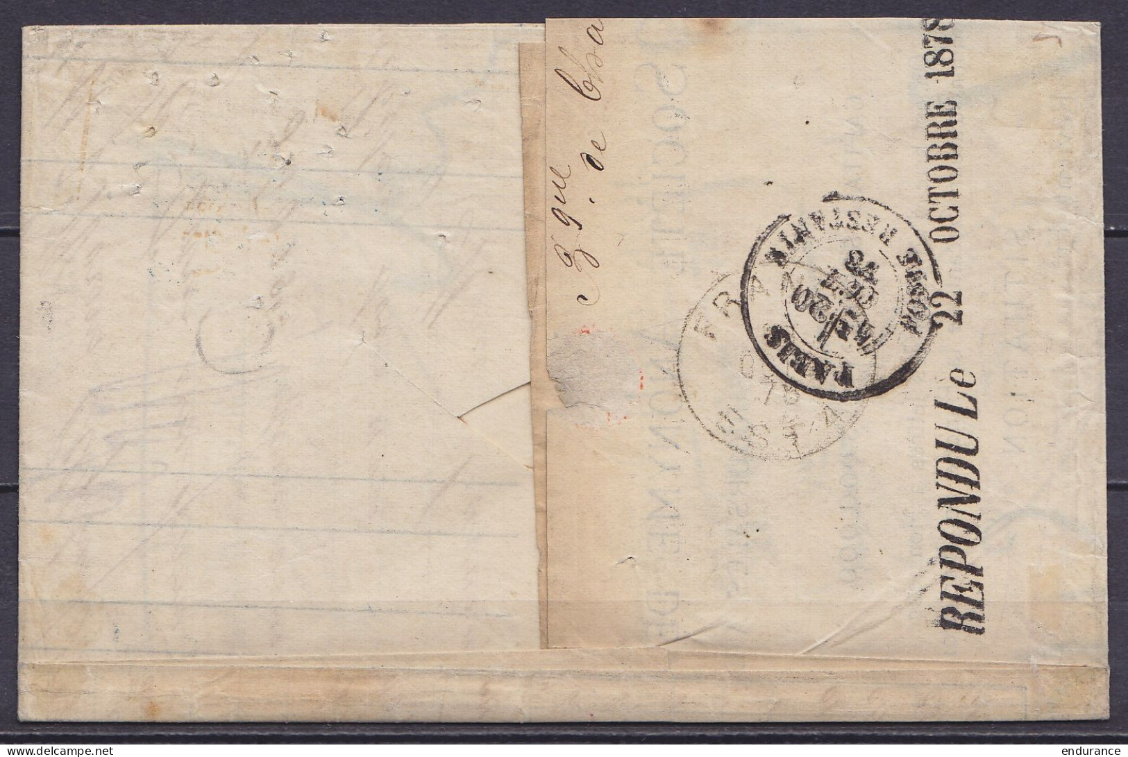 L. "Société Anonyme Banque De Charleroi" Affr. N°35 (double Port) Càd CHARLEROI /19 OCTO 1878 Pour PARIS - Càd "BELG.2 / - 1869-1883 Leopold II