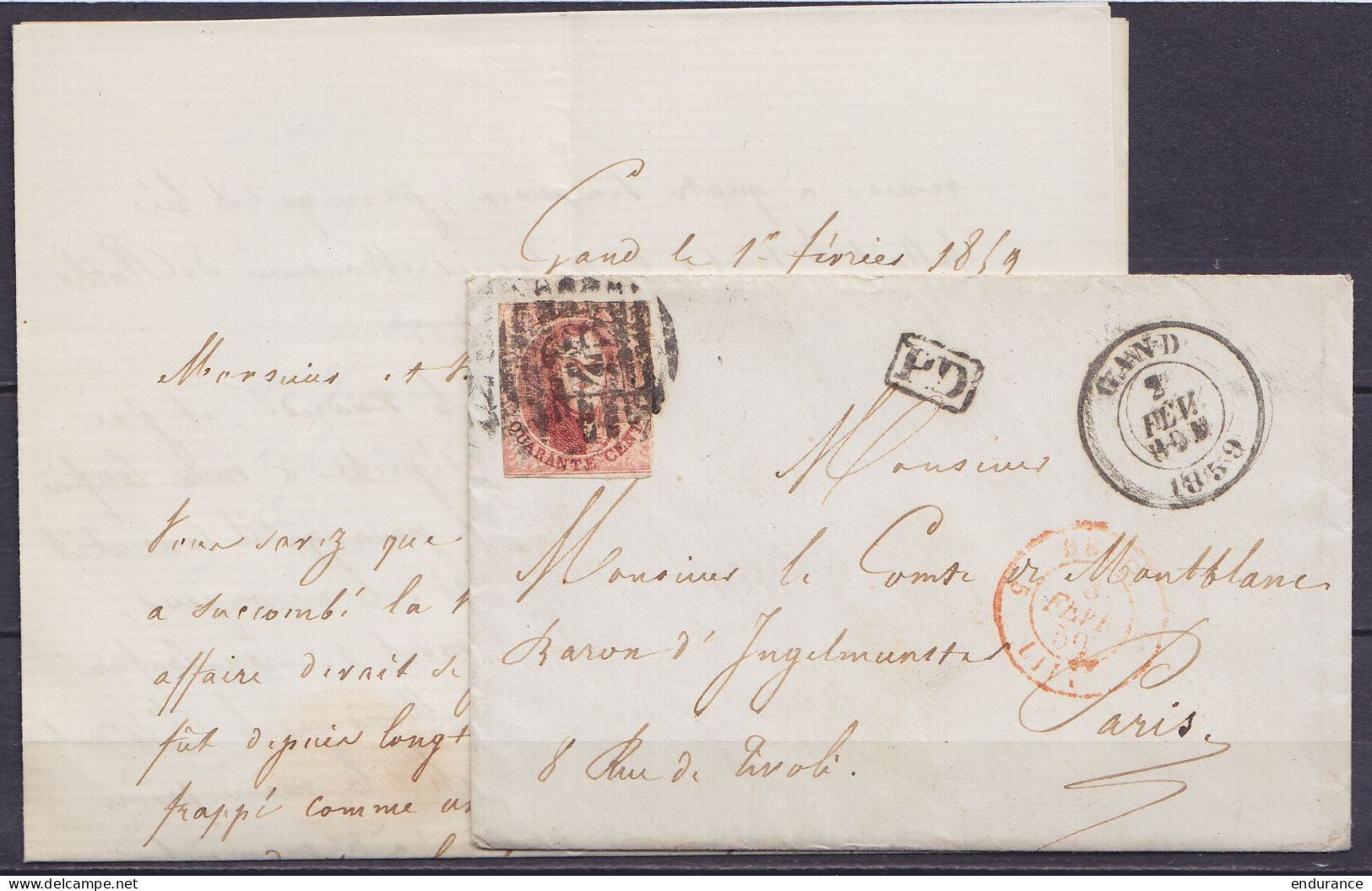 LAC Affr. N°12A P45 Càd GAND /2 FEV 1859 Pour Comte De Montblanc à PARIS - [PD] - Càd Bureau D'échange "BELG.5 / LILLE"  - 1858-1862 Medaillen (9/12)