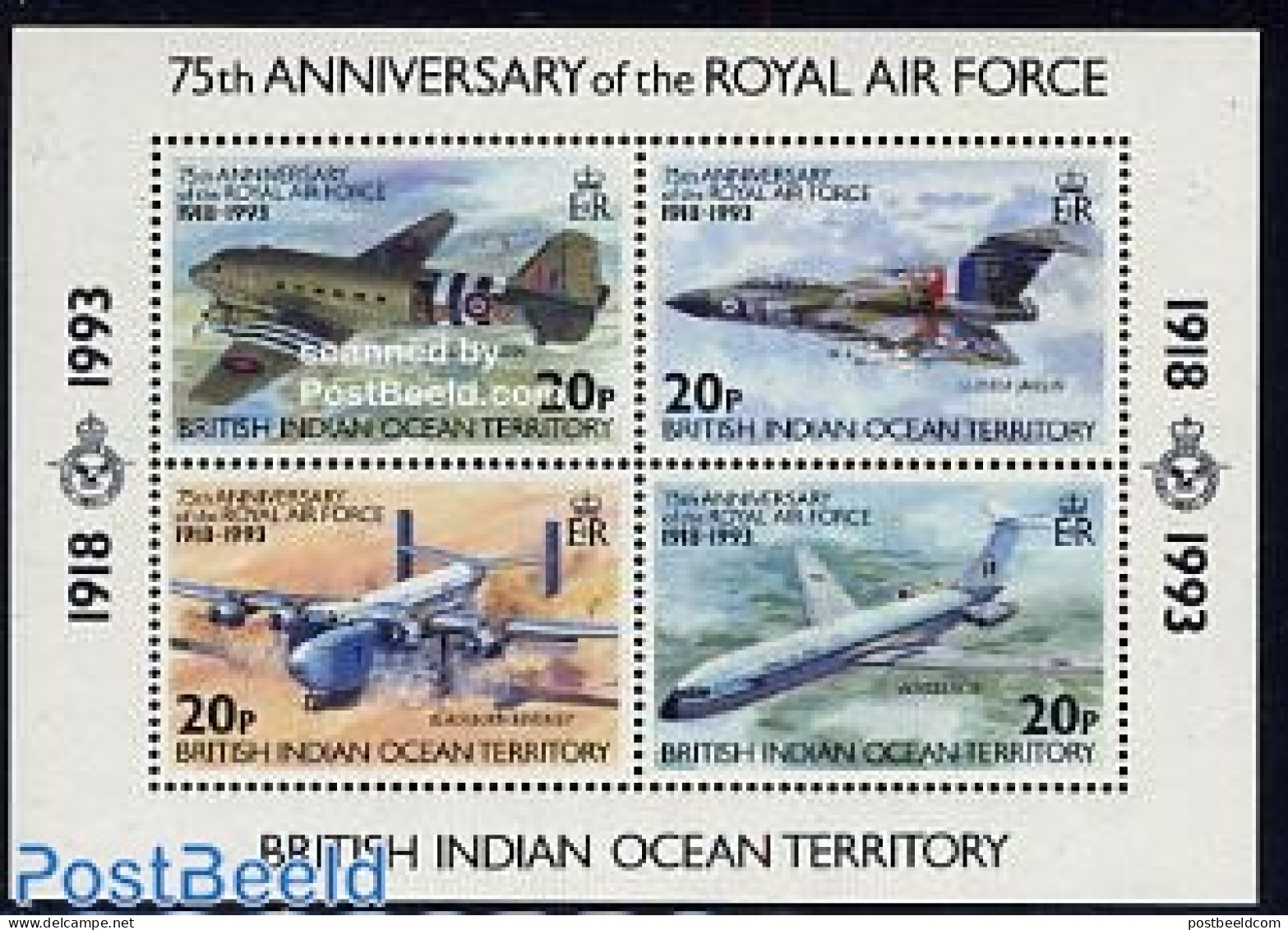 British Indian Ocean 1993 Royal Air Force 75th Anniversary S/s, Mint NH, History - Transport - Militarism - Aircraft &.. - Militaria