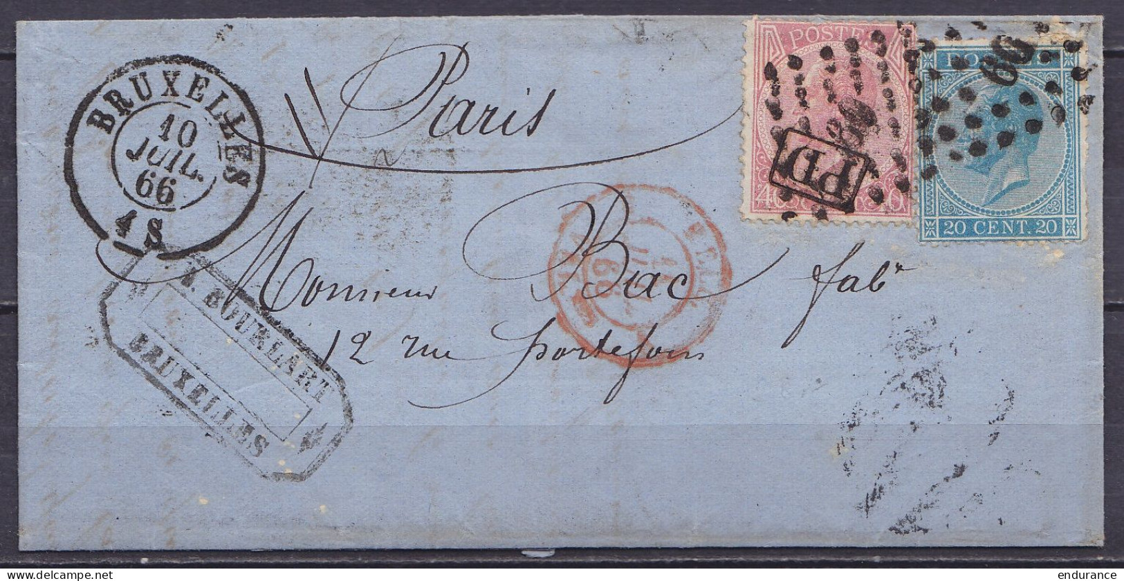 L. "Fabrique BOURLART" Affr. N°18+20 (double Port) Lpts "60" Càd BRUXELLES /10 JUIL 1866 Pour PARIS - [PD] - Càd "BELG / - 1865-1866 Profil Gauche
