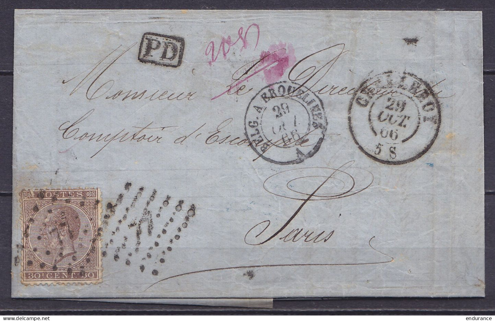 L. "Banque Ghislain, Cahn, Painvin & Drion" Affr. N°19 Lpts "77" Càd CHARLEROY /29 OCT 1866 Pour PARIS - [PD] - Càd "BEL - 1865-1866 Profile Left
