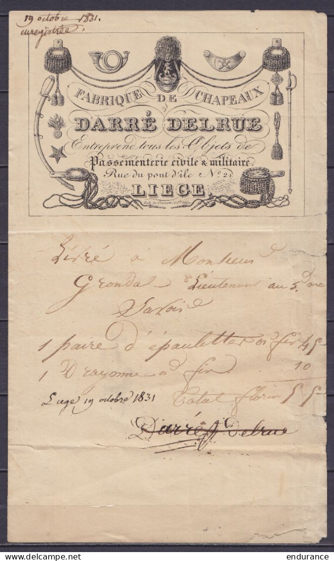 Bon De Livraison "Fabrique De Chapeaux DARRE DELRUE - Passementerie Civile & Militaire" Daté 19 Octobre 1831 De LIEGE Po - Documentos