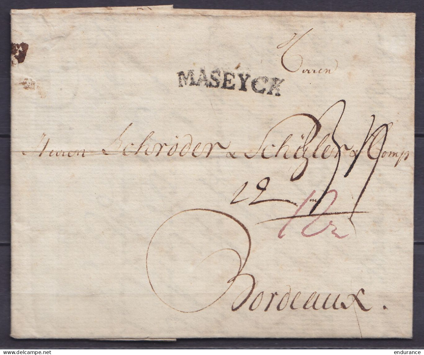 L. Datée 8 Septembre 1783 De FRANCFORT Pour BORDEAUX - Marque De Passage "MASEYCK" - Port Divers - 1714-1794 (Paises Bajos Austriacos)