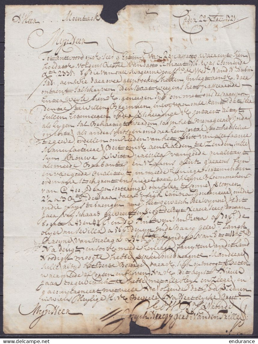 L. Datée 22 Septembre 1721 De CADIZ (Espagne) Pour BRUGES - Voyagée Sous Couvert - 1714-1794 (Pays-Bas Autrichiens)