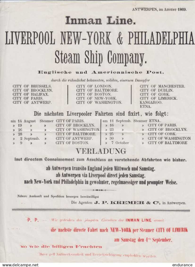 Affichette Publicitaire Inman Line - Liverpool New-York & Philadelphia Steam Ship Company - Antwerpen August 1869 (en Al - Advertising