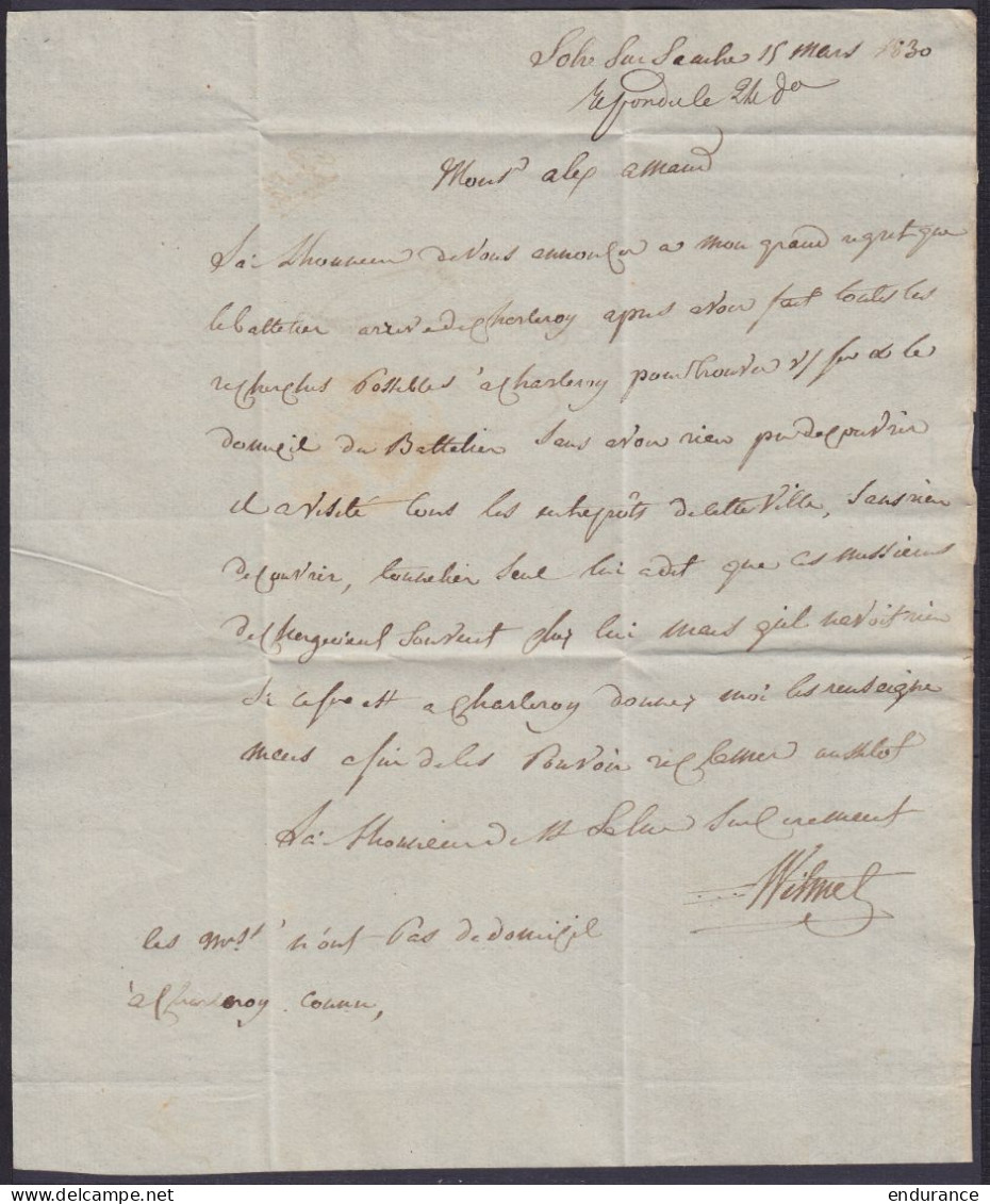 L. Datée 15 Mars 1830 De SOLRE SUR SAMBRE Càd T11 BERGEN /15 MRT.pour Maître De Forge à BOUVIGNES Près DINANT - Port "20 - 1815-1830 (Holländische Periode)