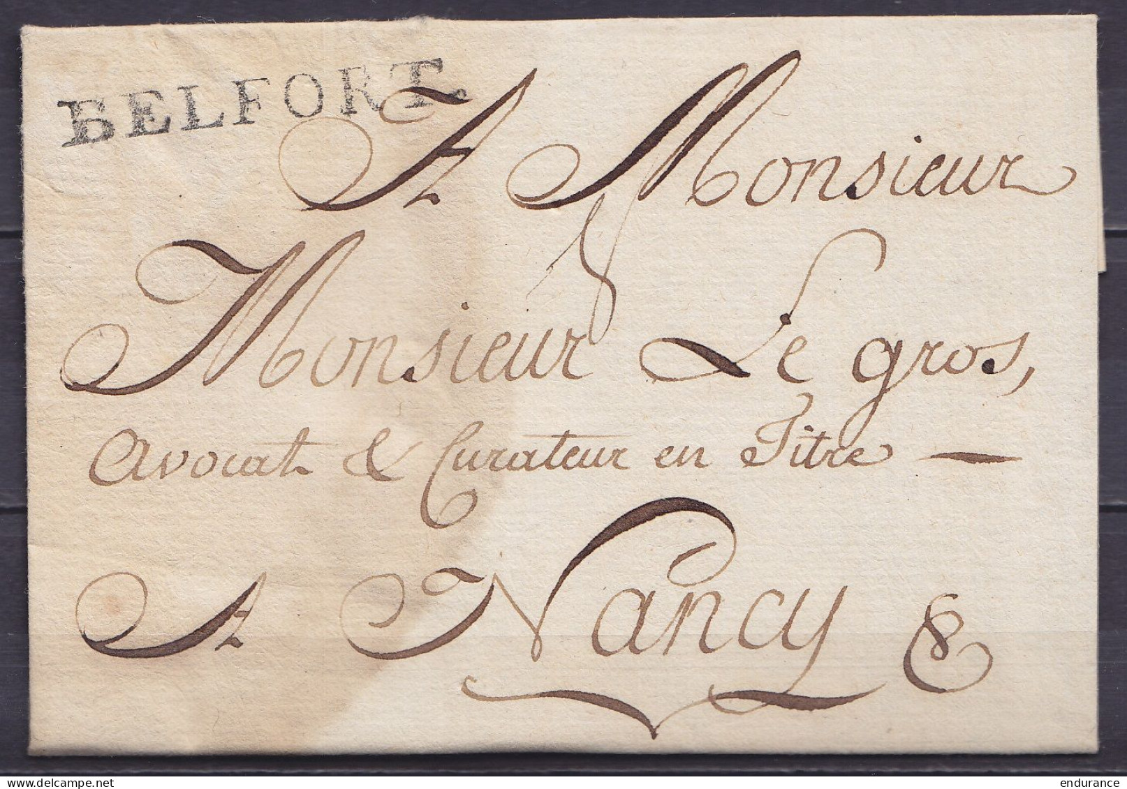 L. Datée 25 Mai 1786 De MONTBELIARD Pour NANCY - Griffe "BELFORT" - Port "8" - 1701-1800: Precursors XVIII