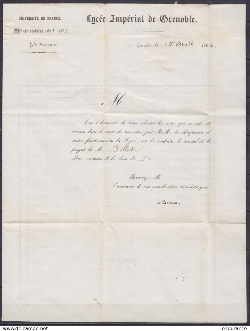 L. (bulletin Scolaire) Du Lycée Impérial De Grenoble Non-affranchie Pour E/V Taxée 10c Càd GRENOBLE /23 AVRIL 1862 - 1859-1959 Lettres & Documents