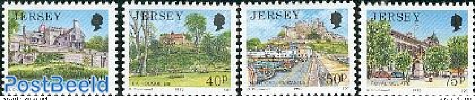 Jersey 1990 Definitives 4v, Mint NH, Transport - Automobiles - Ships And Boats - Art - Castles & Fortifications - Coches